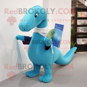 Cyan Diplodocus mascot costume character dressed with a Leggings and Pocket squares