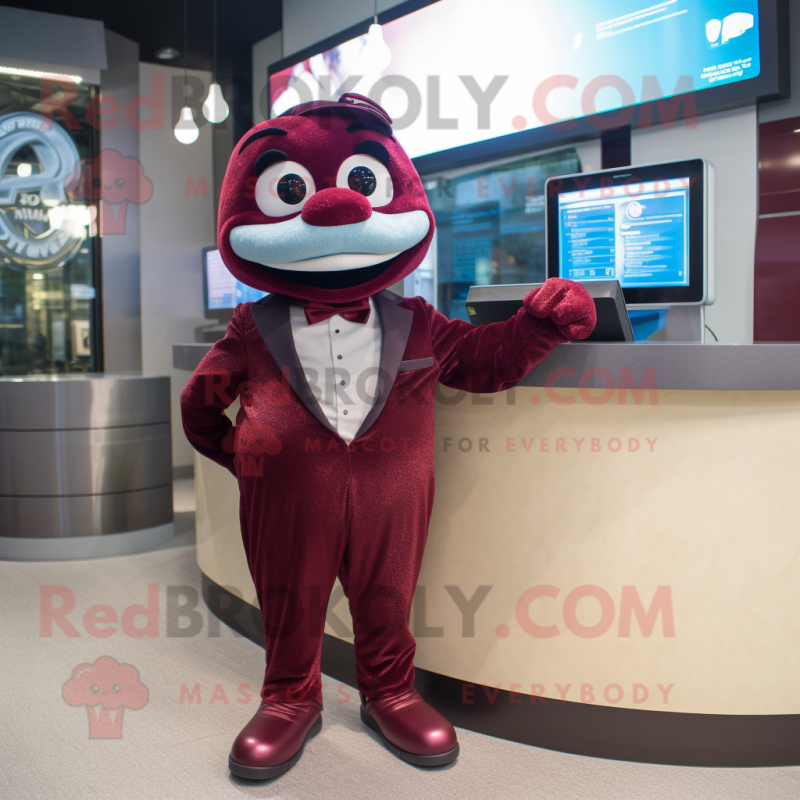 Maroon Bracelet mascot costume character dressed with a Suit and Bow ties Maroon Bracelet mascot costume character dressed with a Suit and Bow ties