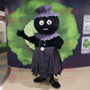 Black Cabbage mascot costume character dressed with a Circle Skirt and Tie pins