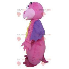 Atractiva y colorida mascota de dragón rosa púrpura y amarillo