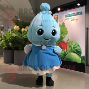 Sky Blue Turnip mascot costume character dressed with a Mini Skirt and Wraps
