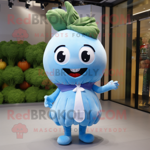 Sky Blue Turnip mascot costume character dressed with a Mini Skirt and Wraps