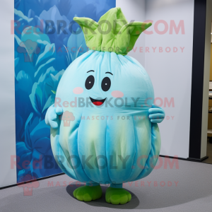 Sky Blue Turnip mascot costume character dressed with a Mini Skirt and Wraps