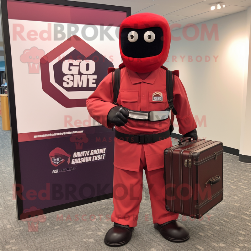 Maroon Gi Joe mascot costume character dressed with a Skirt and Briefcases Maroon Gi Joe mascot costume character dressed with a Skirt and Briefcases