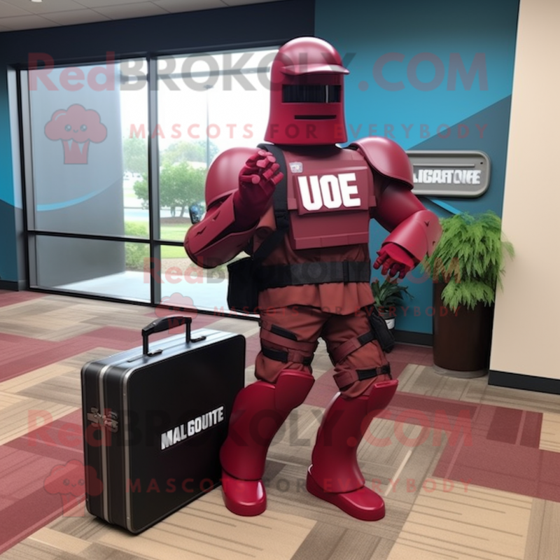 Maroon Gi Joe mascot costume character dressed with a Skirt and Briefcases Maroon Gi Joe mascot costume character dressed with a Skirt and Briefcases