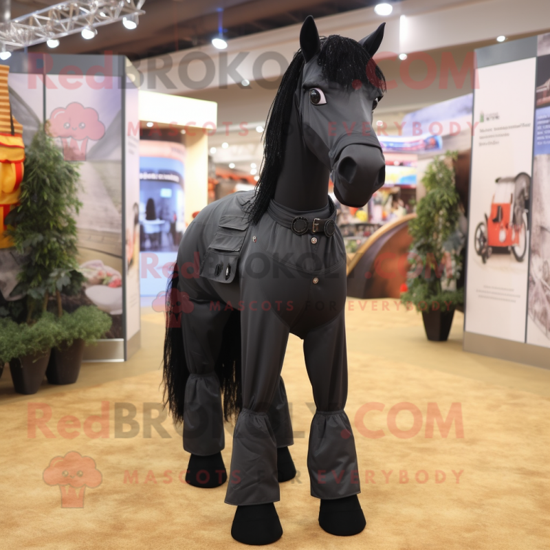 Black Horse mascot costume character dressed with a Dungarees and Foot pads