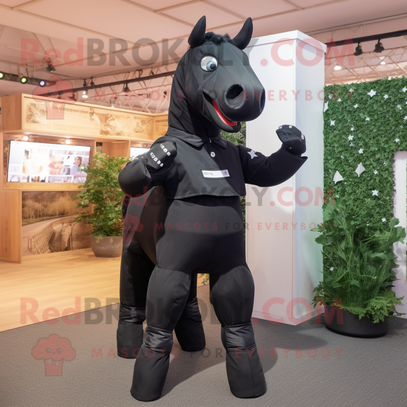 Black Horse mascot costume character dressed with a Dungarees and Foot pads