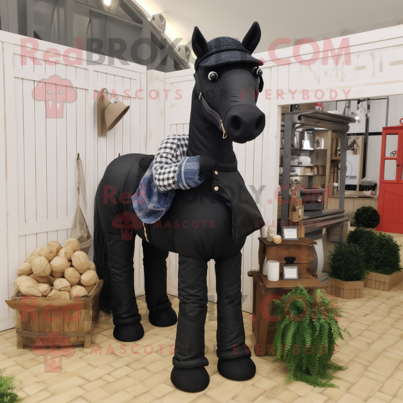 Black Horse mascot costume character dressed with a Dungarees and Foot pads Black Horse mascot costume character dressed with a Dungarees and Foot pads