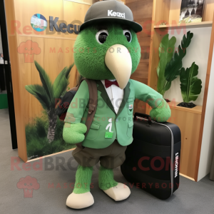 Forest Green Kiwi mascot costume character dressed with a Suit and Messenger bags