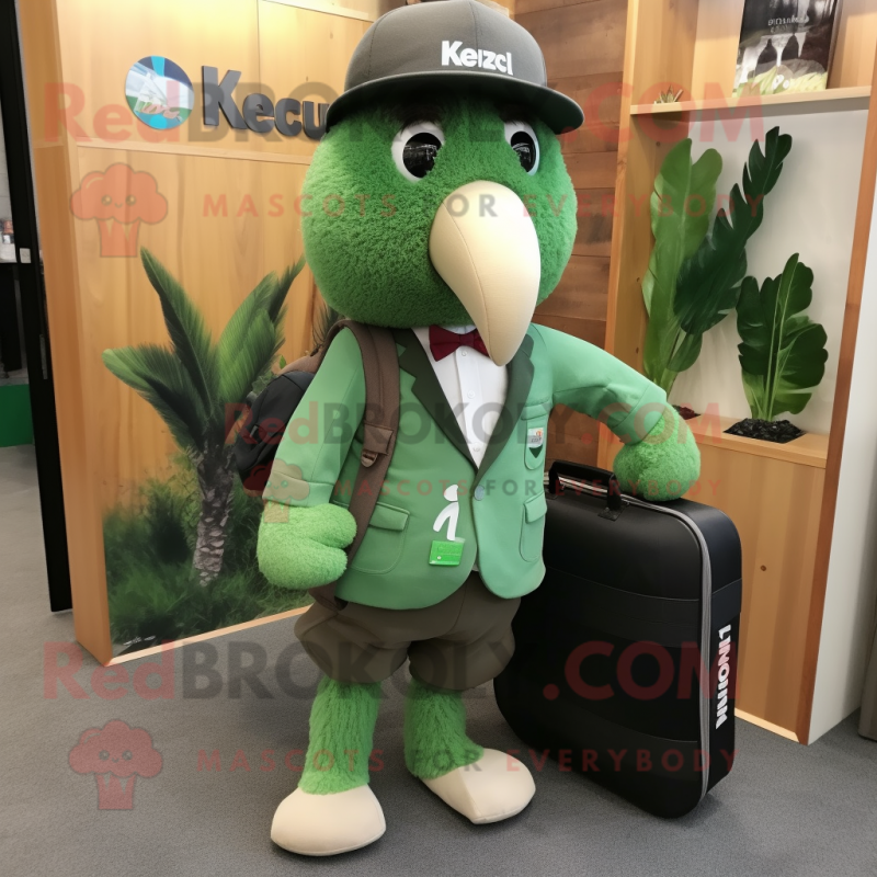 Forest Green Kiwi mascot costume character dressed with a Suit and Messenger bags