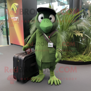 Forest Green Kiwi mascot costume character dressed with a Suit and Messenger bags