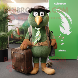 Forest Green Kiwi mascot costume character dressed with a Suit and Messenger bags
