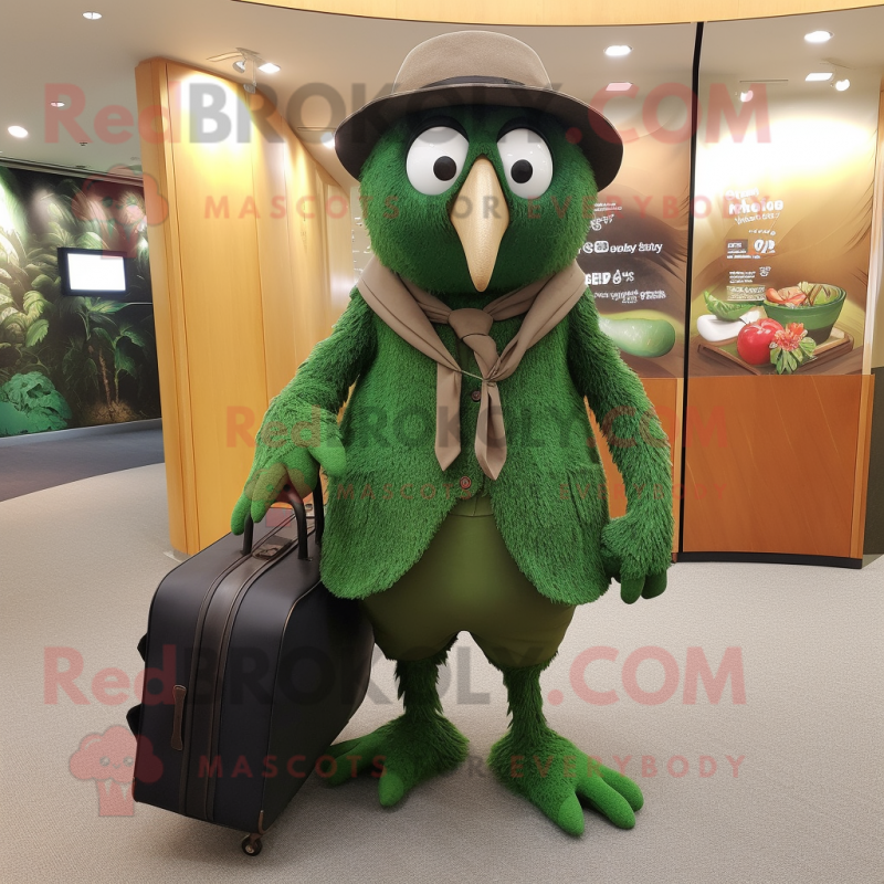 Forest Green Kiwi mascot costume character dressed with a Suit and Messenger bags