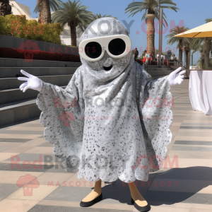Silver Paella mascot costume character dressed with a Wrap Dress and Sunglasses