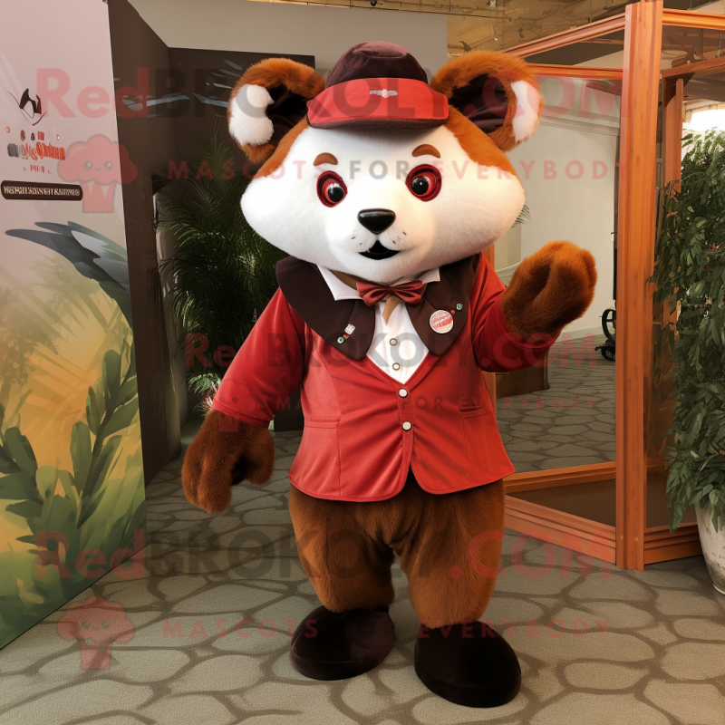 Brown Red Panda mascot costume character dressed with a Culottes and Lapel pins