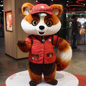 Brown Red Panda mascot costume character dressed with a Culottes and Lapel pins