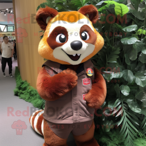 Brown Red Panda mascot costume character dressed with a Culottes and Lapel pins