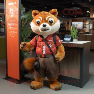 Brown Red Panda mascot costume character dressed with a Culottes and Lapel pins