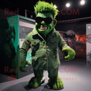 Forest Green Frankenstein'S Monster mascot costume character dressed with a Playsuit and Sunglasses