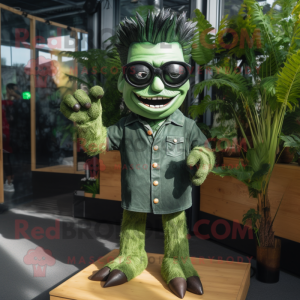 Forest Green Frankenstein'S Monster mascot costume character dressed with a Playsuit and Sunglasses