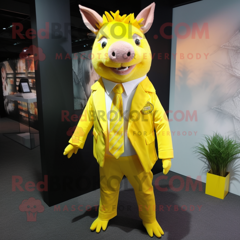 Lemon Yellow Wild Boar mascot costume character dressed with a Suit and Tie pins