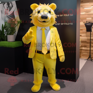 Lemon Yellow Wild Boar mascot costume character dressed with a Suit and Tie pins