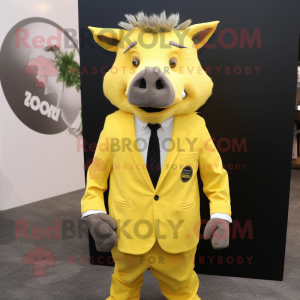 Lemon Yellow Wild Boar mascot costume character dressed with a Suit and Tie pins