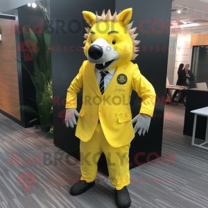Lemon Yellow Wild Boar mascot costume character dressed with a Suit and Tie pins