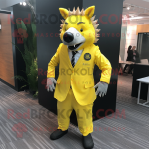 Lemon Yellow Wild Boar mascot costume character dressed with a Suit and Tie pins