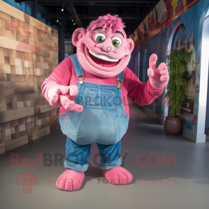 Pink Ogre mascot costume character dressed with a Chambray Shirt and Gloves