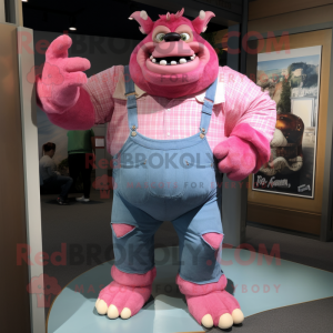 Pink Ogre mascot costume character dressed with a Chambray Shirt and Gloves