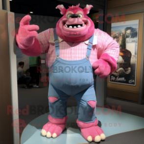Pink Ogre mascot costume character dressed with a Chambray Shirt and Gloves
