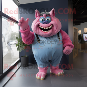 Pink Ogre mascot costume character dressed with a Chambray Shirt and Gloves