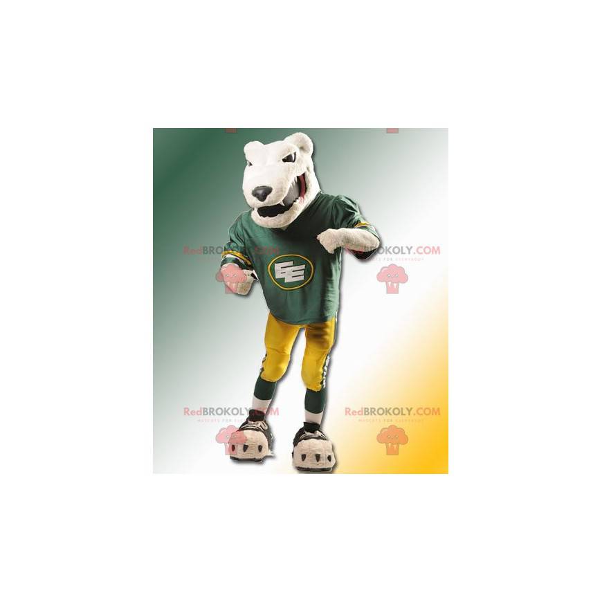 Mascot oso beige mirando feroz y en ropa deportiva -