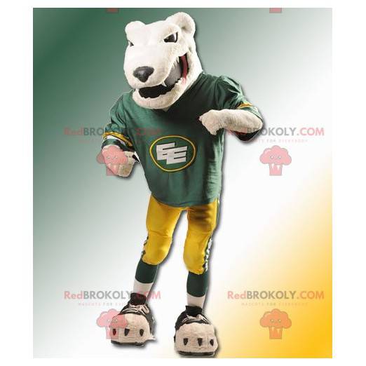 Mascot oso beige mirando feroz y en ropa deportiva -