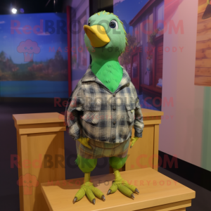 Lime Green Passenger Pigeon mascot costume character dressed with a Flannel Shirt and Hairpins