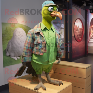 Lime Green Passenger Pigeon mascot costume character dressed with a Flannel Shirt and Hairpins