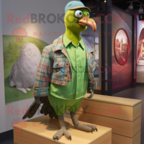 Lime Green Passenger Pigeon mascot costume character dressed with a Flannel Shirt and Hairpins