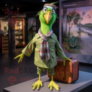 Lime Green Passenger Pigeon mascot costume character dressed with a Flannel Shirt and Hairpins