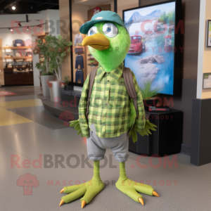 Lime Green Passenger Pigeon mascot costume character dressed with a Flannel Shirt and Hairpins