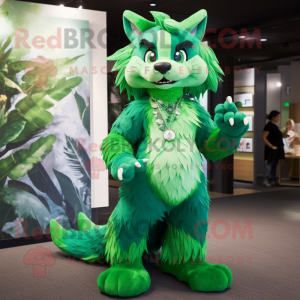 Green Lynx mascot costume character dressed with a Midi Dress and Brooches