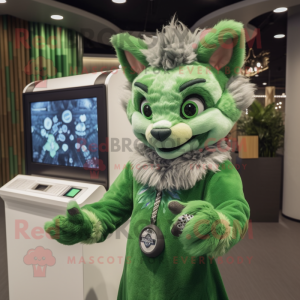 Green Lynx mascot costume character dressed with a Midi Dress and Brooches