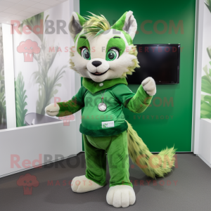Green Lynx mascot costume character dressed with a Midi Dress and Brooches
