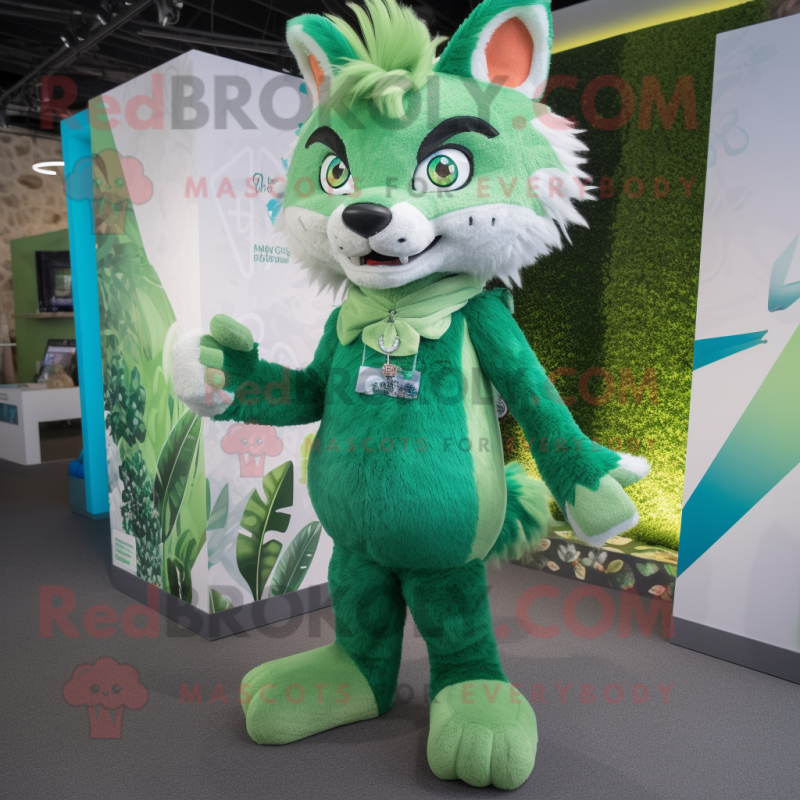 Green Lynx mascot costume character dressed with a Midi Dress and Brooches Green Lynx mascot costume character dressed with a Midi Dress and Brooches