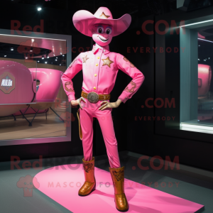 Pink Cowboy mascot costume character dressed with a Rash Guard and Hairpins