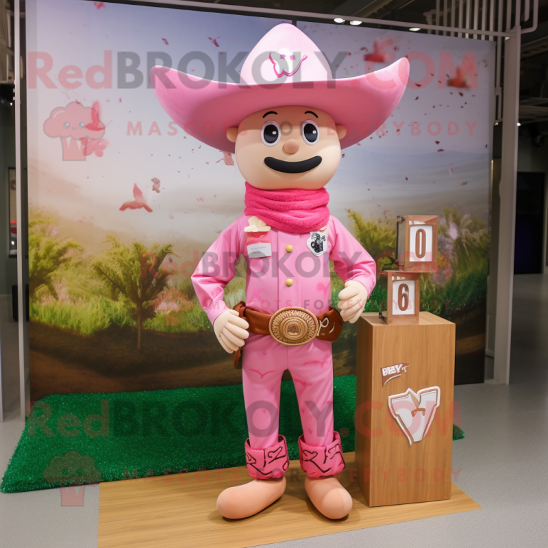 Pink Cowboy mascot costume character dressed with a Rash Guard and Hairpins Pink Cowboy mascot costume character dressed with a Rash Guard and Hairpins