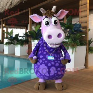 Lavender Jersey Cow mascot costume character dressed with a Swimwear and Tie pins