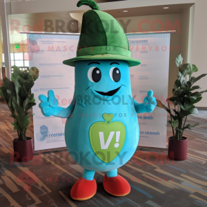 Turquoise Radish mascot costume character dressed with a V-Neck Tee and Hat pins