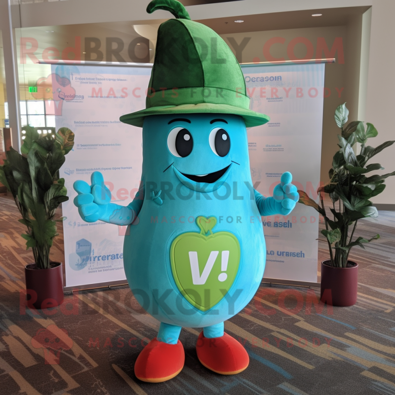 Turquoise Radish mascot costume character dressed with a V-Neck Tee and Hat pins Turquoise Radish mascot costume character dressed with a V-Neck Tee and Hat pins