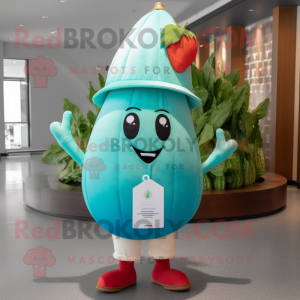 Turquoise Radish mascot costume character dressed with a V-Neck Tee and Hat pins